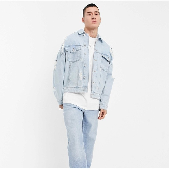 ASOS Oversized Denim Jacket In Mid Wash Blue With Rips - Picture 2 of 4